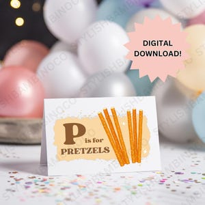 Tarjeta imprimible de comida de la Sra. Rachel con la frase "P de Pretzels" / Tarjeta de tienda de comida de la Sra. Rachel / Cumpleaños de la Sra. Rachel / Decoración de fiesta de la Sra. Rachel / Descarga de la Sra. Rachel