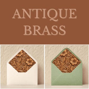May include: Two open envelopes, one white and one sage green, featuring a detailed floral and scroll pattern in a warm, antique brass colour. The text "ANTIQUE BRASS" is displayed in a brown font above the envelopes.
