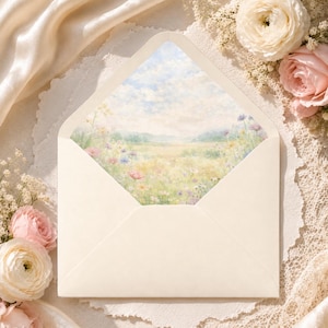 Könnte beinhalten: Ein offener, cremefarbener Umschlag zeigt eine Aquarelllandschaft eines Feldes mit Wildblumen unter blauem Himmel. Der Umschlag ist von Blumen und einem cremefarbenen Stoff umgeben.