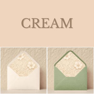 May include: Cream-coloured stationery with the word "CREAM" in a matching shade. Two envelopes are shown, one cream and one sage green, both with floral-patterned liners and embossed flower accents.