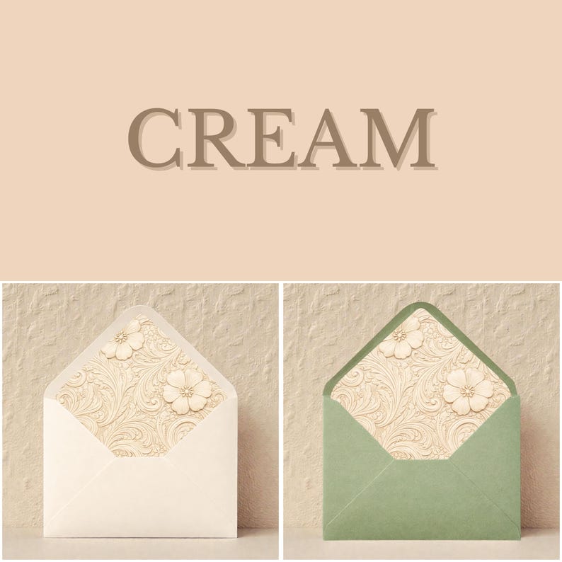 May include: Cream-coloured stationery with the word "CREAM" in a matching shade. Two envelopes are shown, one cream and one sage green, both with floral-patterned liners and embossed flower accents.