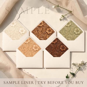 May include: Five white envelopes with decorative floral patterned liners in various colors: cream, brown, tan, dark brown, and olive green. The text "SAMPLE" is at the top, and "SAMPLE LINER | TRY BEFORE YOU BUY" is at the bottom.