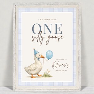 May include: A framed print with a watercolor illustration of a white goose wearing a party hat and holding a blue balloon. The text reads "ONE silly goose" and "Welcome to Oliver's 1st Birthday."