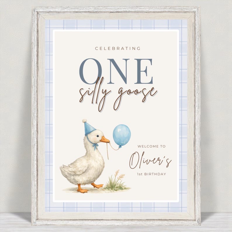May include: A framed print with a watercolor illustration of a white goose wearing a party hat and holding a blue balloon. The text reads "ONE silly goose" and "Welcome to Oliver's 1st Birthday."
