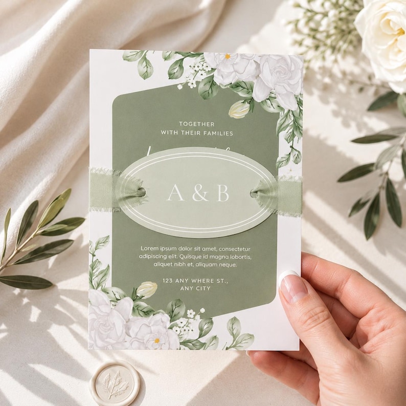 以下が含まれることがあります： 緑と白の花柄のデザインの結婚式の招待状。「TOGETHER WITH THEIR FAMILIES」と「A & B」の文字が入っています。プレースホルダーテキストと住所の詳細も含まれています。ワックスシールが見えます。