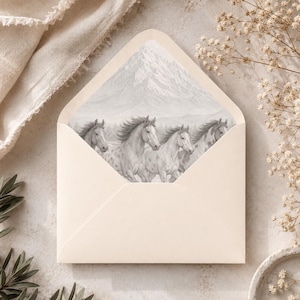 May include: Cream-colored envelope with a pencil drawing of four running horses inside. The horses are white with gray spots and manes, set against a mountain backdrop. The envelope is open, revealing the artwork.