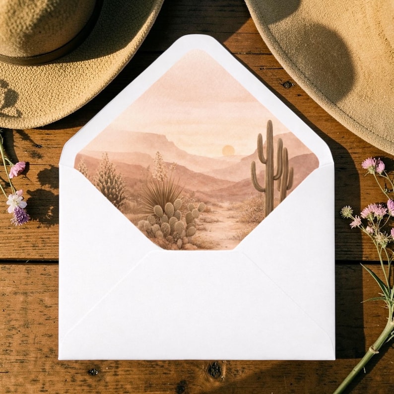 Pu&ograve; includere: Una busta bianca con un'illustrazione di un paesaggio desertico. L'illustrazione presenta un tramonto su montagne, cactus e piante del deserto. La busta &egrave; aperta, rivelando l'opera d'arte. Due cappelli beige e fiori sono sullo sfondo.