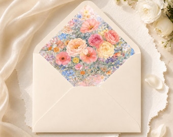 Fodera per busta da matrimonio con fiori di campo pastello A7 / Inserto per invito a nozze con fiori ad acquerello / Cancelleria per matrimonio con giardino primaverile