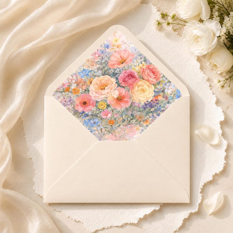 Puede incluir: Un sobre crema abierto con un dise&ntilde;o floral en el interior. El dise&ntilde;o floral presenta una variedad de flores en tonos rosa, melocot&oacute;n, amarillo y azul. El sobre est&aacute; sobre una superficie blanca texturizada.
