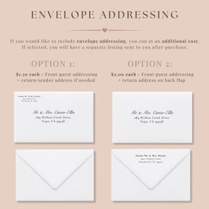 May include: Image showing options for envelope addressing. Text includes "Envelope Addressing", "Option 1" and "Option 2". Examples of addressed envelopes are shown. The text also includes "Mr. & Mrs. Carter Ellis" and address information.