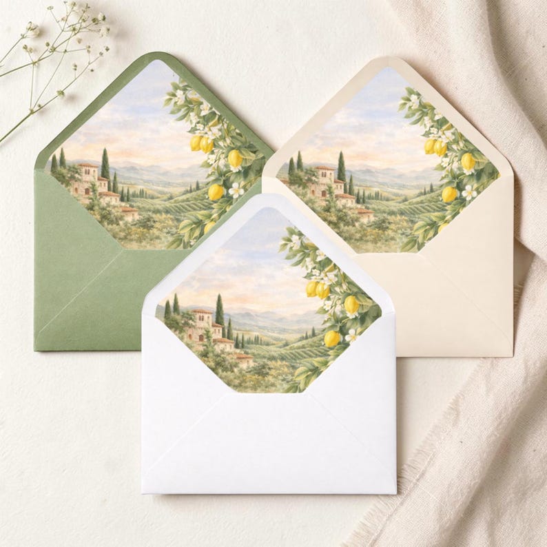 Puede incluir: Tres sobres en tonos verde, blanco y crema, cada uno con una ilustraci&oacute;n de acuarela visible en el interior. Las ilustraciones representan un paisaje toscano con casas, &aacute;rboles y limones.