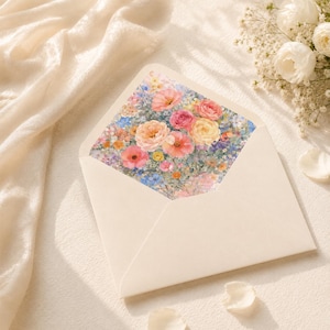 Puede incluir: Un sobre abierto, de color crema, con un dise&ntilde;o floral en el interior. El interior presenta una pintura a la acuarela de flores rosas, amarillas y naranjas con follaje verde. P&eacute;talos de flores blancas y un ramo de flores blancas en el fondo.