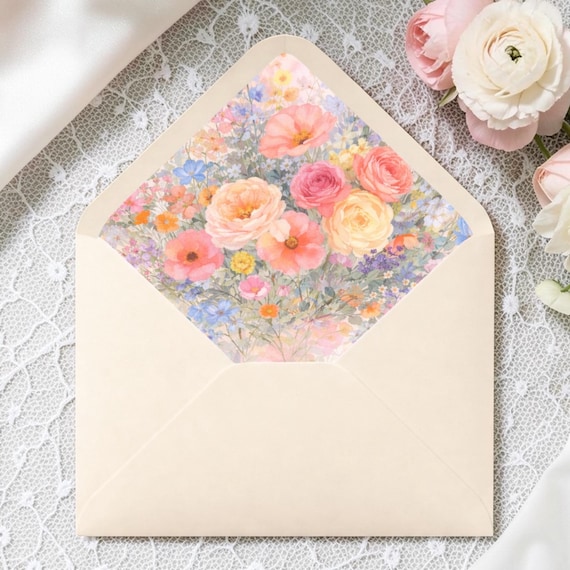 Pastel Wildflower Wedding Envelope Liner A7 | Watercolor Floral Wedding Invitation Insert | Spring Garden Wedding Stationery