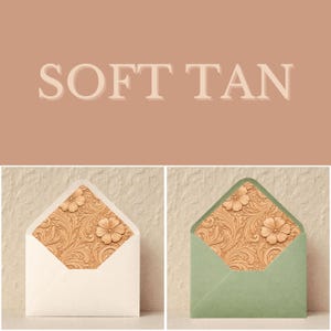 May include: Two envelopes, one white and one sage green, with floral patterned liners. The liners feature a tan, embossed design with flowers. The text "SOFT TAN" is displayed in a light brown colour above the envelopes.