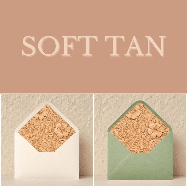 May include: Two envelopes, one white and one sage green, with floral patterned liners. The liners feature a tan, embossed design with flowers. The text "SOFT TAN" is displayed in a light brown colour above the envelopes.