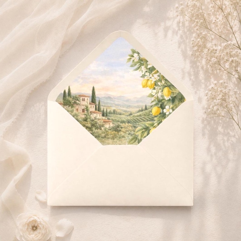 Puede incluir: Un sobre marfil revela un paisaje acuarela de una villa toscana, colinas y cipreses. Ramas de limonero con frutos amarillos y flores blancas enmarcan la escena. Los tonos suaves y neutros crean una est&eacute;tica elegante y art&iacute;stica.