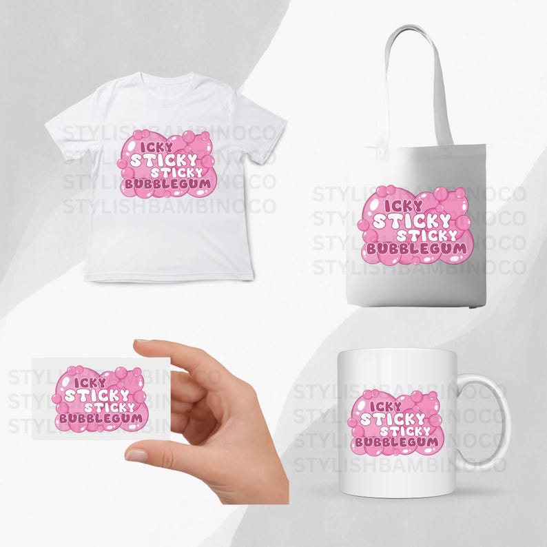 May include: A set of four white products featuring a pink bubblegum design with the text "Icky Sticky Sticky Bubblegum". The set includes a t-shirt, tote bag, sticker, and mug.