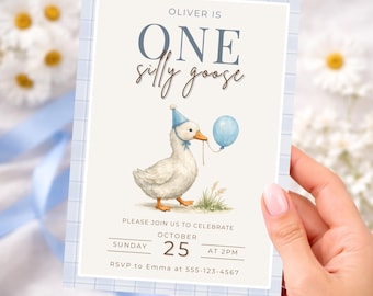 Silly Goose Birthday Invitation | 1st Birthday Invitation Boy | Editable Canva Template | First Birthday Invite Blue Instant Download
