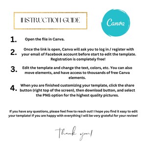 May include: Instruction guide with text and a Canva logo. The guide provides instructions on how to open and edit a file in Canva, including logging in, editing the template, and downloading the PNG option for high-quality pictures.
