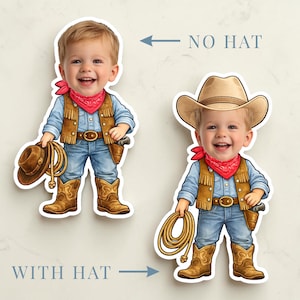 May include: Two stickers of a smiling child dressed as a cowboy. One sticker shows the child without a hat, and the other shows the child wearing a brown cowboy hat. Both stickers show the child wearing a red bandana, denim jeans, a brown vest, and cowboy boots.