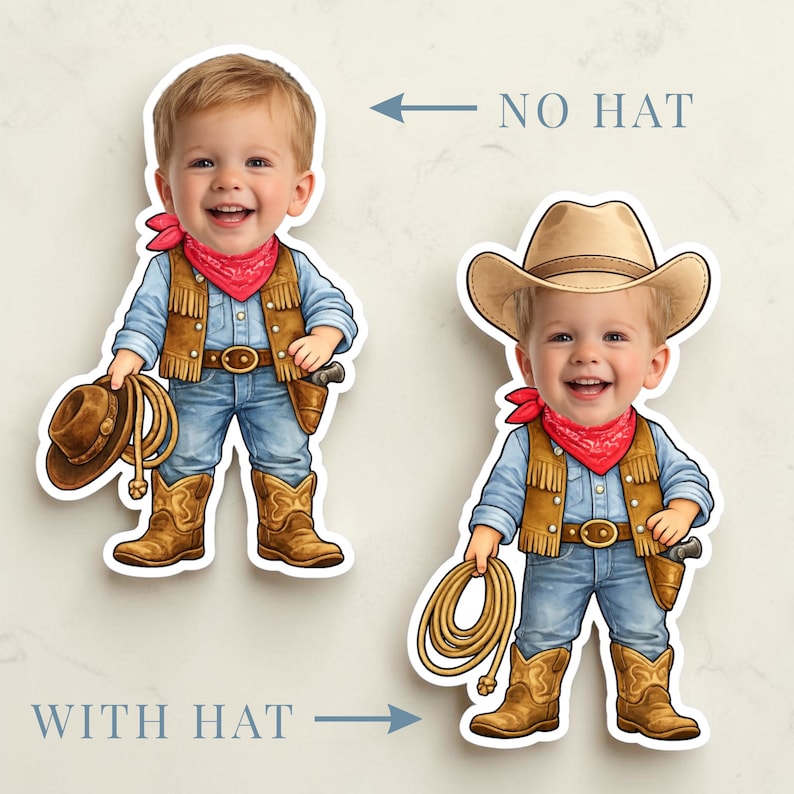 May include: Two stickers of a smiling child dressed as a cowboy. One sticker shows the child without a hat, and the other shows the child wearing a brown cowboy hat. Both stickers show the child wearing a red bandana, denim jeans, a brown vest, and cowboy boots.