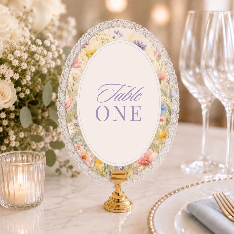K&ouml;nnte beinhalten: Ein ovales Tischnummernschild mit einem Blumenrand aus rosa, gelben und blauen Wildblumen, umrahmt von wei&szlig;er Spitze. Die Mitte ist wei&szlig; und tr&auml;gt den violetten Schriftzug Table ONE. Das Schild steht auf einem kleinen goldfarbenen Metallst&auml;nder.