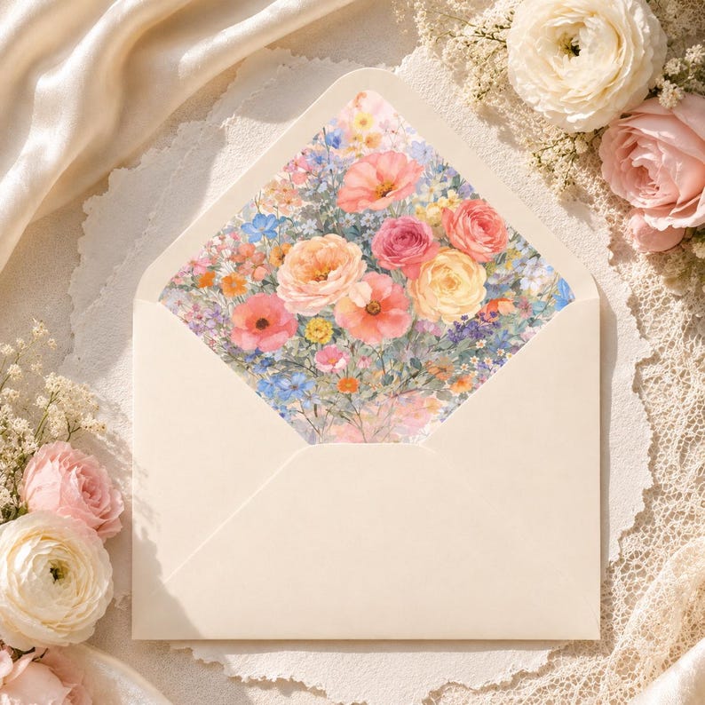 Puede incluir: Un sobre abierto de color crema con un dise&ntilde;o floral interior. El interior presenta un arreglo estilo acuarela de flores rosas, melocot&oacute;n, amarillas y azules. El sobre est&aacute; rodeado de flores y un fondo suave y texturizado.