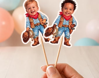 Custom Cowboy Cupcake Toppers with Photo | Personalized Cowboy Birthday Party | Western Cowboy Face Cupcake Picks | Rodeo Birthday Decor
