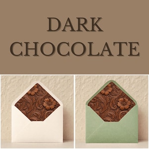 May include: Two envelopes, one white and one sage green, each featuring a dark chocolate floral design. The text "DARK CHOCOLATE" is displayed above the envelopes in a matching dark brown colour.