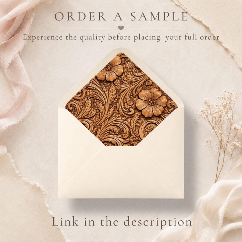 May include: A cream envelope with a detailed brown floral pattern visible inside. The text "ORDER A SAMPLE" and "Link in the description" are displayed. The image suggests a sample of stationery or invitation.