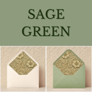 May include: Sage green stationery envelopes. One envelope is white, the other is sage green. Both envelopes have a floral pattern on the inside. The text "SAGE GREEN" is at the top of the image.