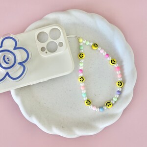 Rainbow Smiley Phone Charm Chain | Beaded Strap | Phone Case Chain | TikTok Phone Chain | Phone String or Rope | Trendy 90s Y2K Aesthetic