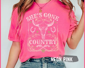 She&#39;s Gone Country, Longhorn Shirt, Gift for Her, Country Music Concert, Cowgirl, Western, Rodeo, Large Graphic Tee, Horseshoe, Trendy Shirt