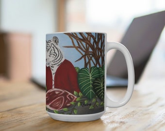 Art Coffee Mug 15 oz Jungle Animals Teacup, Lion and Tiger "King's Table" Art by Roberta Pacino