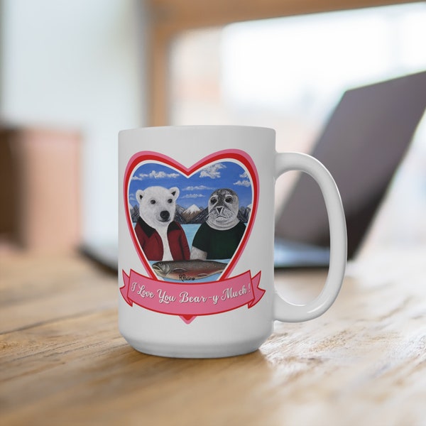 Art Mug Valentine Heart Polar Bear and Harp Seal 15 oz "I Love You Bear-y Much" Tea Cup, Arctic Appetite Original Painting by Roberta Pacino