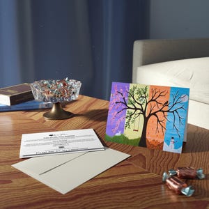 Tarjetas de felicitación con notas artísticas del árbol de la vida, arte original de las cuatro estaciones de Roberta Pacino: primavera, verano, invierno y otoño (8, 16 y 24 piezas)