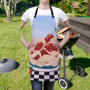 Avental de comida italiana, Roberta Pacino Pintura de arte original Impressão de natureza morta, "Conforto siciliano" Espaguete e almôndegas cozinhando estilo churrasco