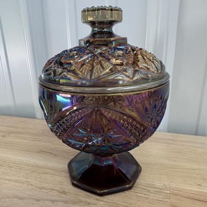 Vintage Imperial Purple Amethyst Carnival Glass Lidded Compote, Imperial Purple Eastern Star Candy Dish, Hobstar Carnival Glass Lidded Dish