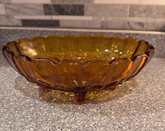 Vintage Amber Indiana Glass Bowl: Harvest Pattern Footed Serving Bowl