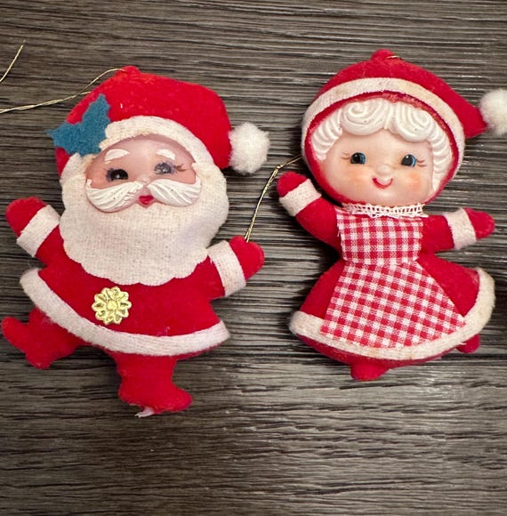 Vintage Christmas Ornament Set: Flocked Santa, Mrs. Claus, Avon