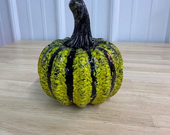Hand Blown Glass Pumpkin: Chartreuse Green and Black Crackle Effect Glass Pumpkin
