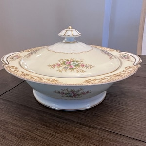Vintage Noritake Floral Covered Serving Dish with Gold Rim