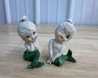 Vintage Bradley Kenmar Mermaid Salt & Pepper Shaker Set, Vintage MCM Ceramic Mermaids