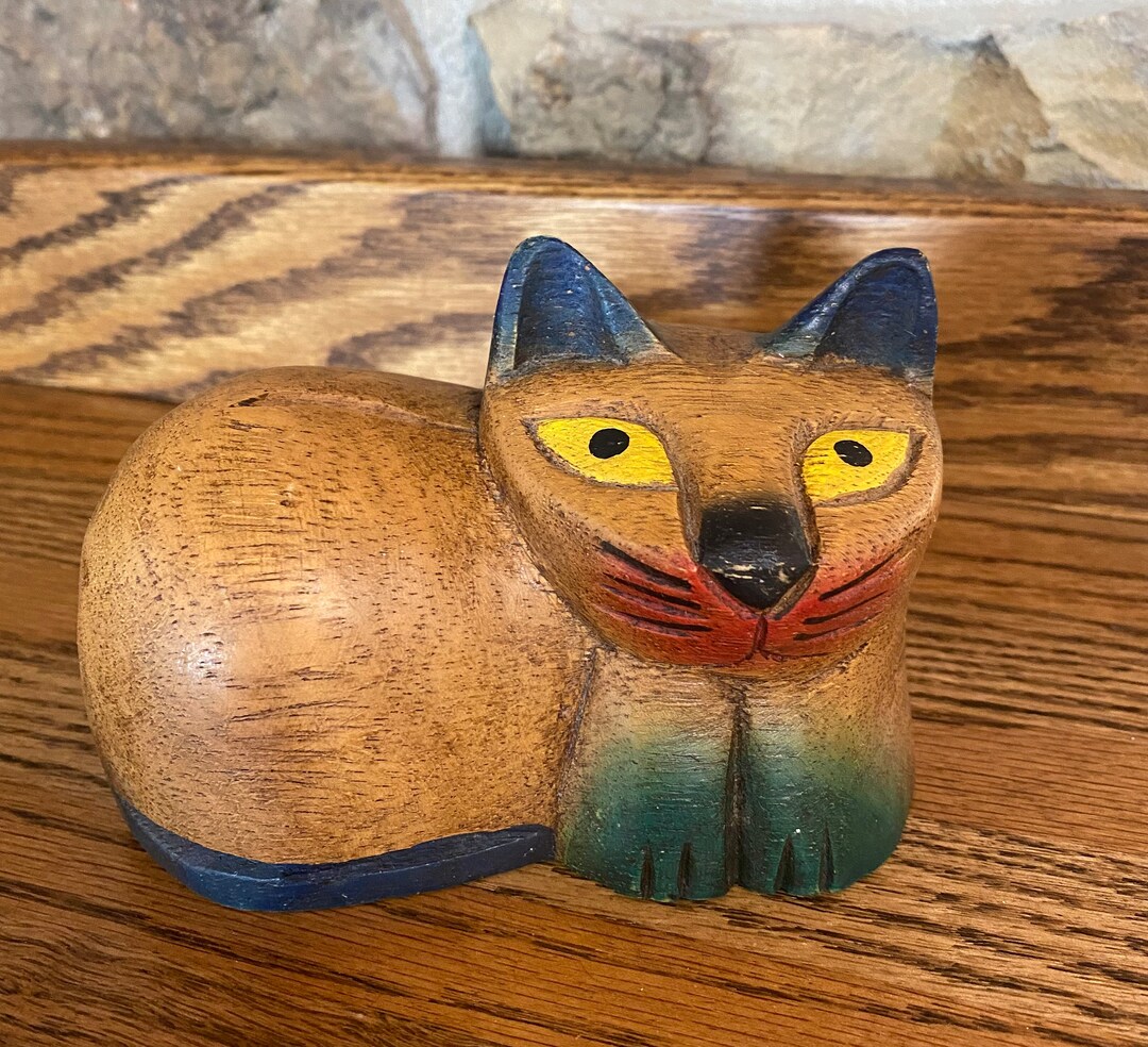 Vintage Wooden Cat Sculpture, Ornate Wooden Carved Cat, Wooden Cat, MCM