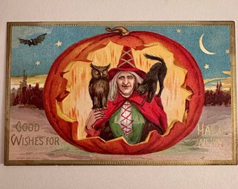 Antique Halloween Postcard, Embossed Witch in Pumpkin Postcard, Antique Embossed Halloween Postcard, Antique Epherema, Halloween Ephemera