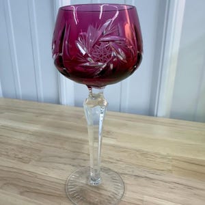 Vintage Cranberry Cut to Clear Hock Wine Glass: Hobstar Fan Bohemian Crystal
