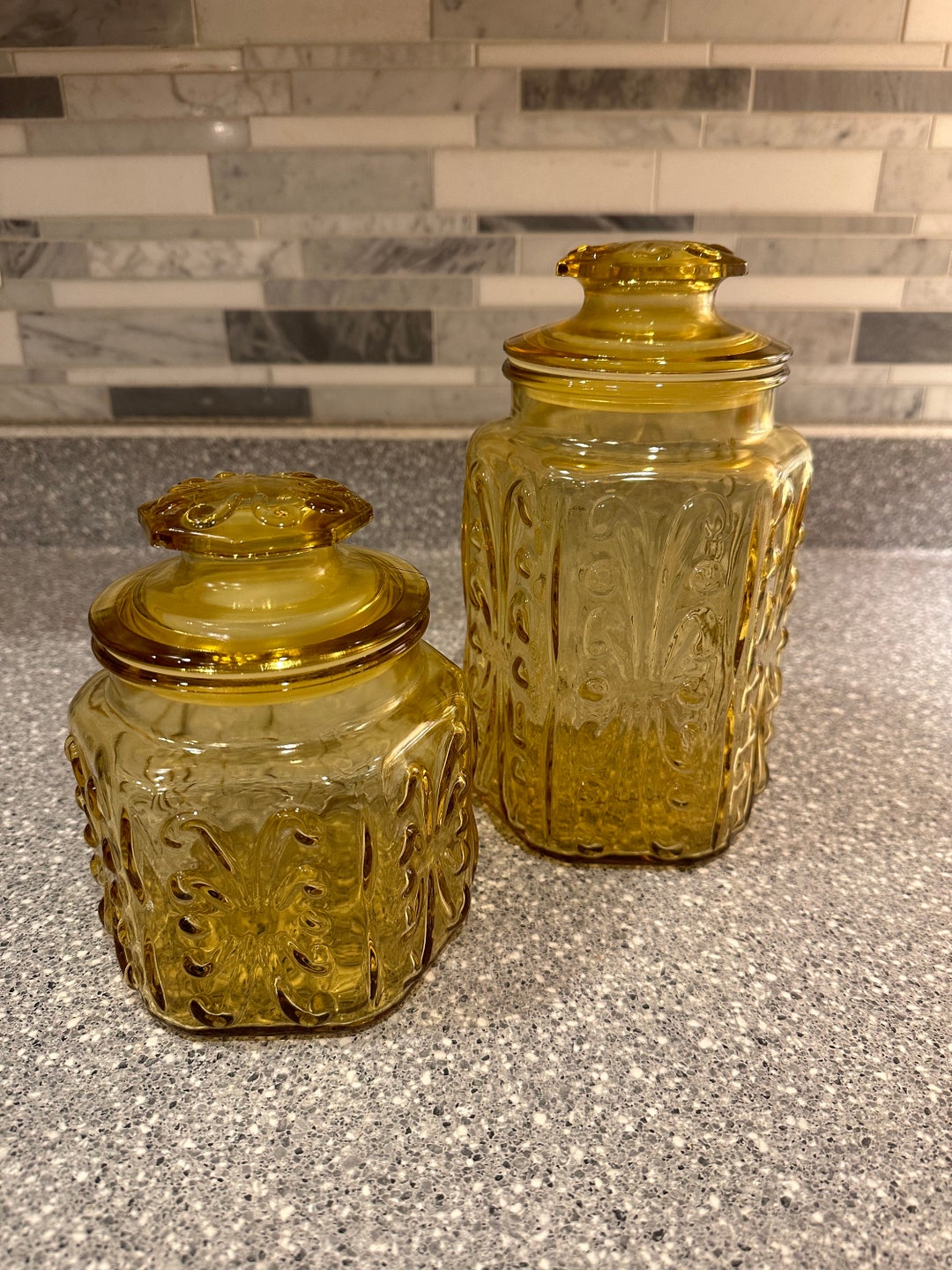 Vintage Amber Glass Canisters LE Smith Amber Canister Gold Etsy
