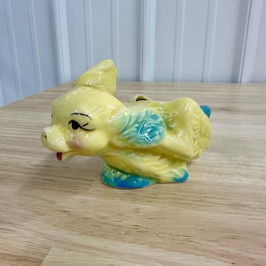 Vintage Kitsch Running Dog Planter: Yellow & Teal Pottery