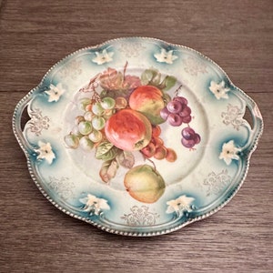 Vintage Serving Plate, Porcelain Serving Plate, Scalloped Edge Cut out Handle Plate, Painted Fruit Serving Plate, T7