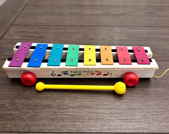 Vintage Fisher Price Xylophone: Pull A Tune Wooden Musical Toy